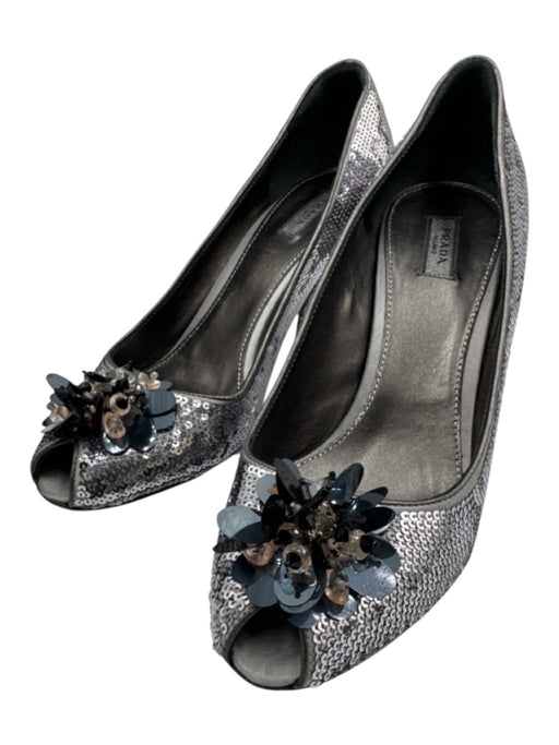 Prada Shoe Size 38 Silver & Black Leather Sequin Floral Peep Toe Low Heel Pumps Silver & Black / 38