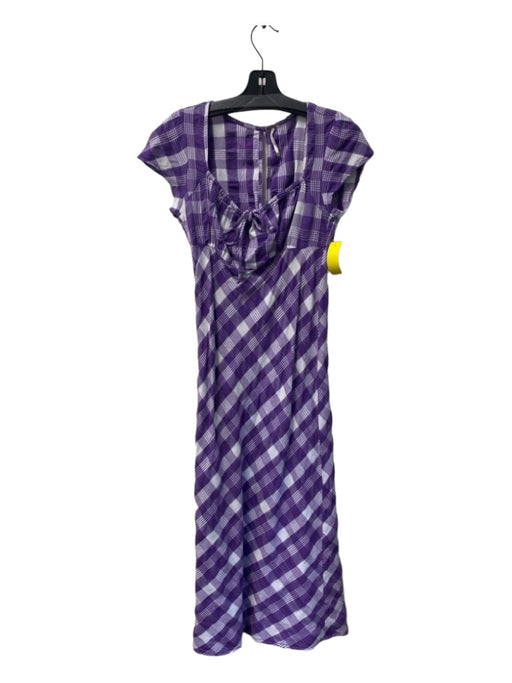 Free People Size XS Purple & White Cotton Round Neck Plaid Cap Sleeve Midi Dress Purple & White / XS