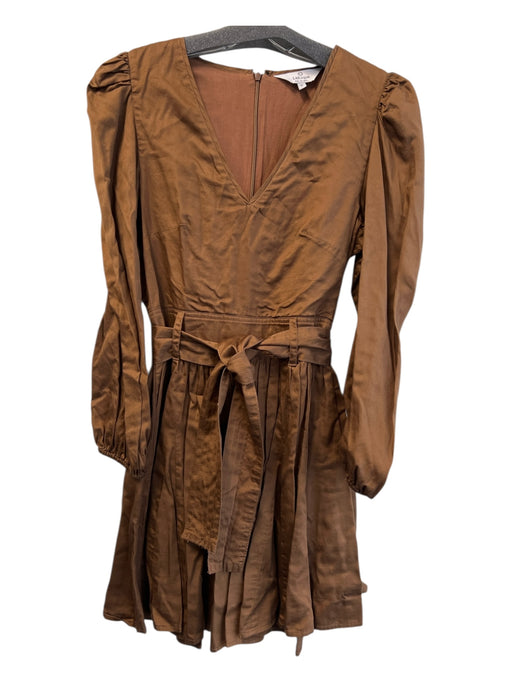 La Roque Size S Brown Cotton V Neck Long Sleeve Knee Length Back Zip Dress Brown / S