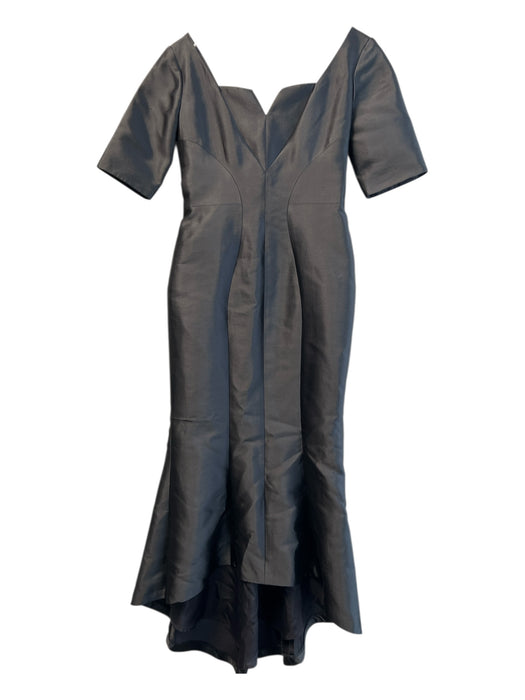 Frascara Size 4 Dark Gray Silk & Wool Split V Neck Short Sleeve Back Zip Dress Dark Gray / 4