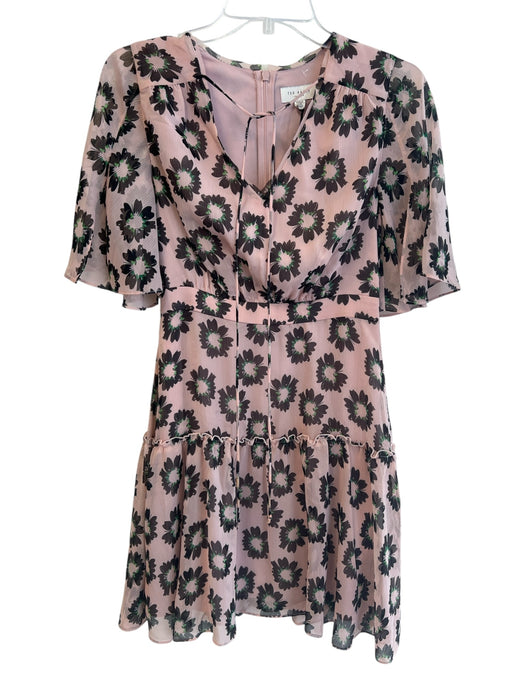 Ted Baker Size 1 Pink & Black Polyester Floral Mini V Neck 3/4 Sleeve Dress Pink & Black / 1