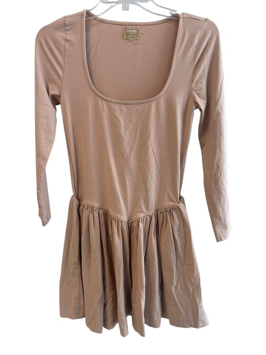 Free-est Size S Beige Cotton Blend Side Pockets Long Sleeve Ruffled Mini Dress Beige / S