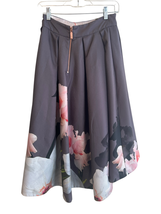 Ted Baker Size 1 Grey Polyester Back Zip Floral High Low Pleated Skirt Grey / 1