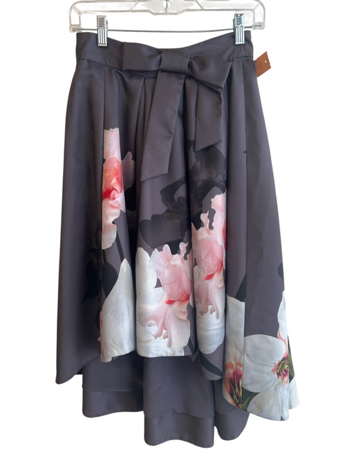 Ted Baker Size 1 Grey Polyester Back Zip Floral High Low Pleated Skirt Grey / 1