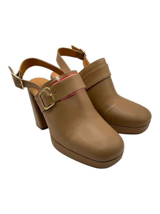Sezane Shoe Size 41 Tan Brown Leather Slingbacks Block Heel Buckle Detail Pumps Tan Brown / 41