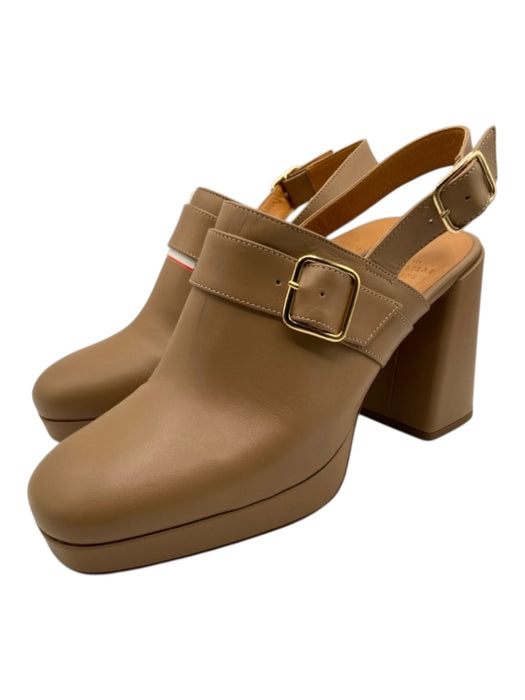 Sezane Shoe Size 41 Tan Brown Leather Slingbacks Block Heel Buckle Detail Pumps Tan Brown / 41