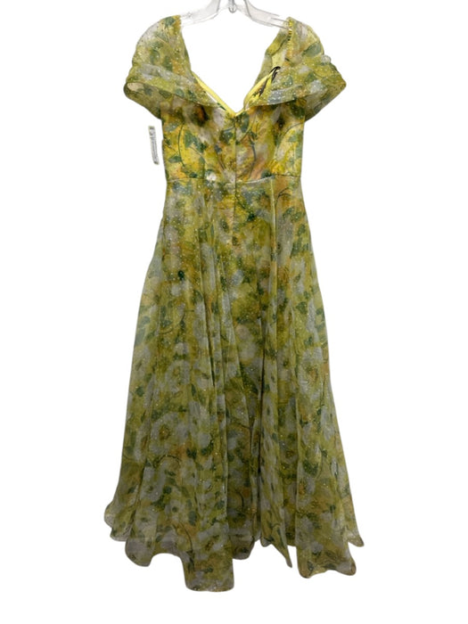 Theia Size 6 Yellow & Green Polyester Cap Sleeve Floral Print Glitter Gown Yellow & Green / 6