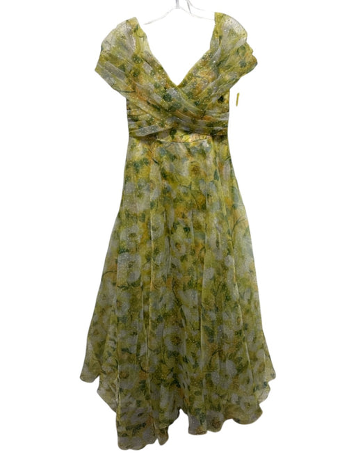 Theia Size 6 Yellow & Green Polyester Cap Sleeve Floral Print Glitter Gown Yellow & Green / 6