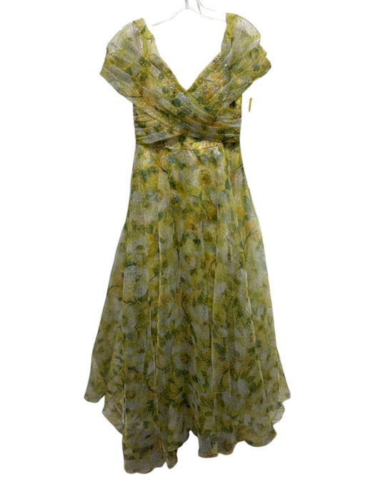 Theia Size 6 Yellow & Green Polyester Cap Sleeve Floral Print Glitter Gown Yellow & Green / 6