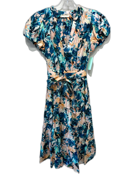Ulla Johnson Size s / 4 Blue, Orange & Multi Cotton Abstract Print Belted Dress Blue, Orange & Multi / s / 4