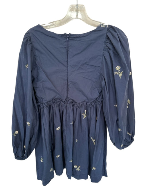 Mable Size S Navy & Tan Cotton Long Balloon Sleeve Embroidered Flowers Dress Navy & Tan / S