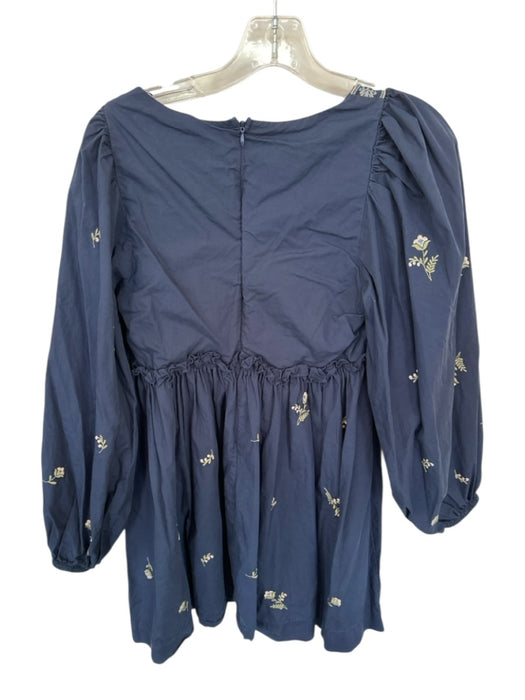 Mable Size S Navy & Tan Cotton Long Balloon Sleeve Embroidered Flowers Dress Navy & Tan / S