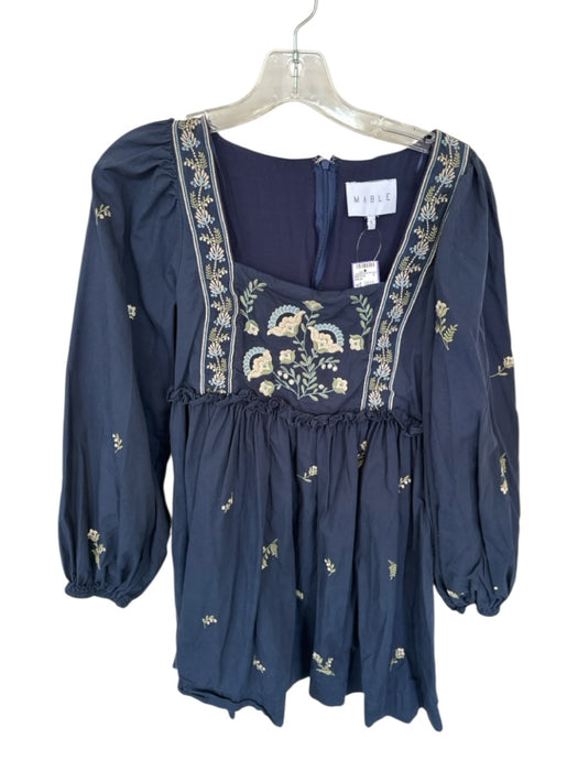 Mable Size S Navy & Tan Cotton Long Balloon Sleeve Embroidered Flowers Dress Navy & Tan / S