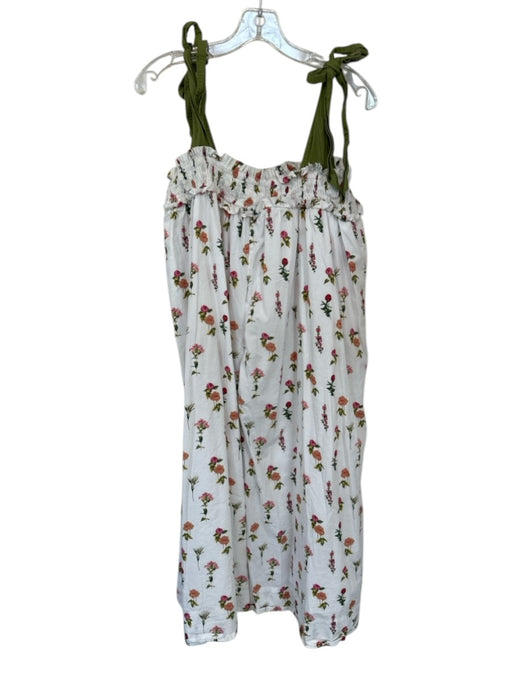 Buru Size S/M Green & Pink Cotton Tie Straps Botanical smocked neckline Dress Green & Pink / S/M