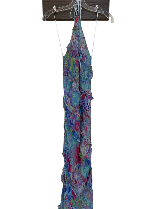 Zara Size XS Blue & Purple Polyester Halter Neck Water Color Ruffles Maxi Dress Blue & Purple / XS