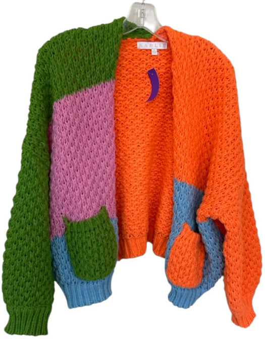 Karlie Size S Orange & Multi Acrylic Chunky Knit Color Block Open Front Sweater Orange & Multi / S