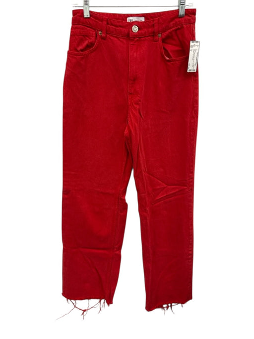 Zara Size S Red Cotton Denim Zip Fly High Rise Straight Leg Jeans Red / S