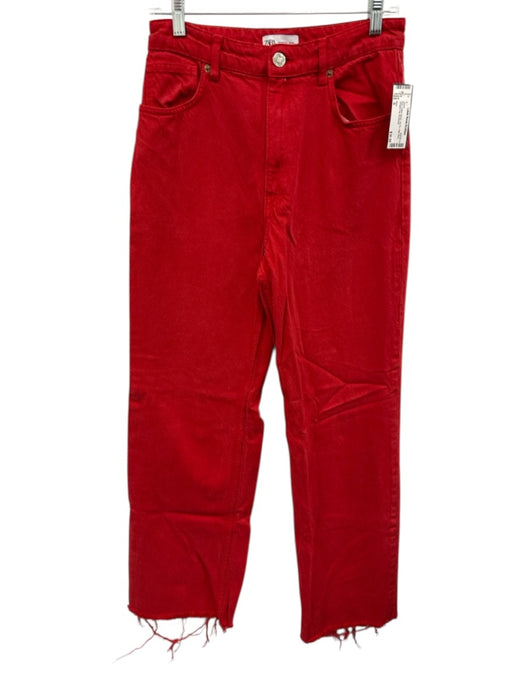 Zara Size S Red Cotton Denim Zip Fly High Rise Straight Leg Jeans Red / S