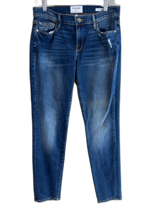 Frame Size 26 Medium dark wash Cotton High Rise Distressed Straight Leg Jeans Medium dark wash / 26