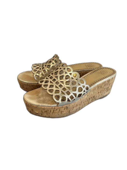 Tory Burch Shoe Size est 9 Brown Leather & Cork Eyelet Shimmer Platform Shoes Brown / est 9