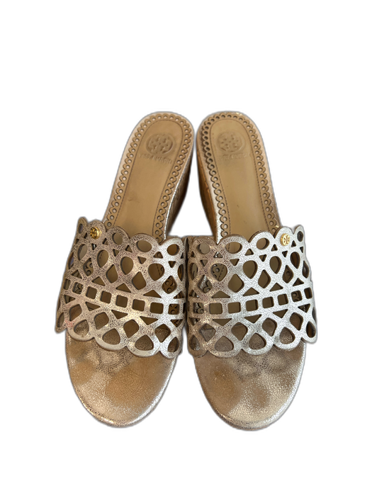 Tory Burch Shoe Size est 9 Brown Leather & Cork Eyelet Shimmer Platform Shoes Brown / est 9