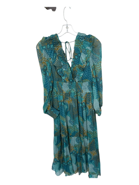 By Anthropologie Size S Teal & Yellow Viscose Blend Long Balloon Sleeve Dress Teal & Yellow / S