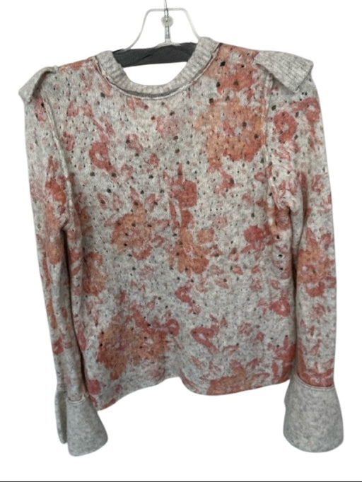 Free People Size S Gray & Peach Wool Blend Long Bell Sleeve Flowers Sweater Gray & Peach / S