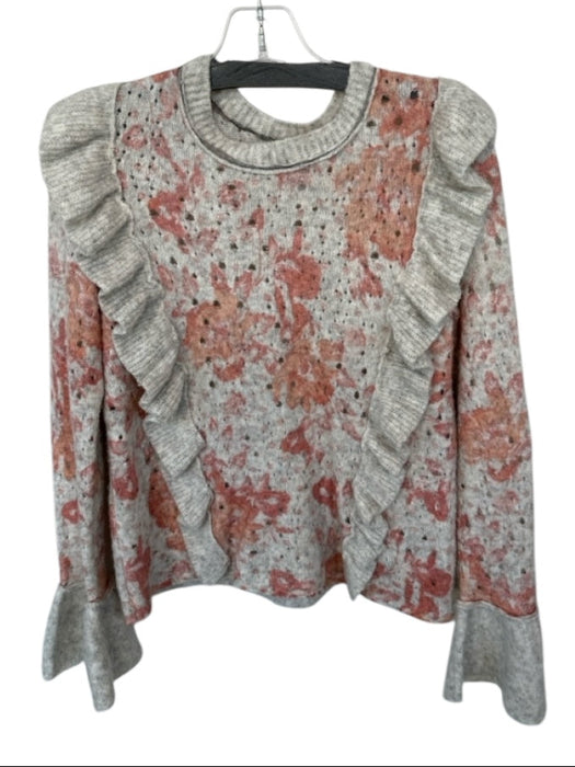 Free People Size S Gray & Peach Wool Blend Long Bell Sleeve Flowers Sweater Gray & Peach / S