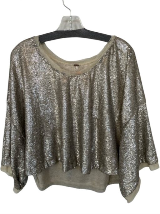 Free People Size S Gold Sequin 3/4 Sleeve Raw Hem Cropped Top Gold / S