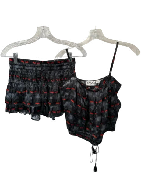 Shug! Size S Black & Red Silk Elastic Waist Bulldog Spaghetti Strap Skirt Set Black & Red / S