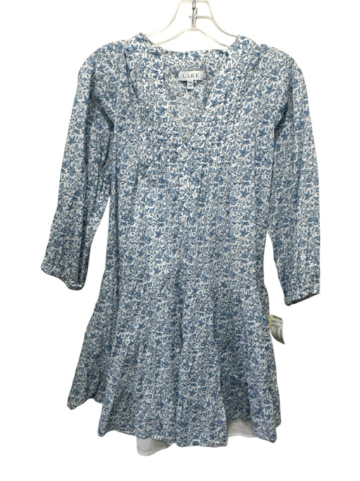 Lake Size XS White & Blue Cotton Floral 3/4 Sleeve Button Front Tiered Dress White & Blue / XS
