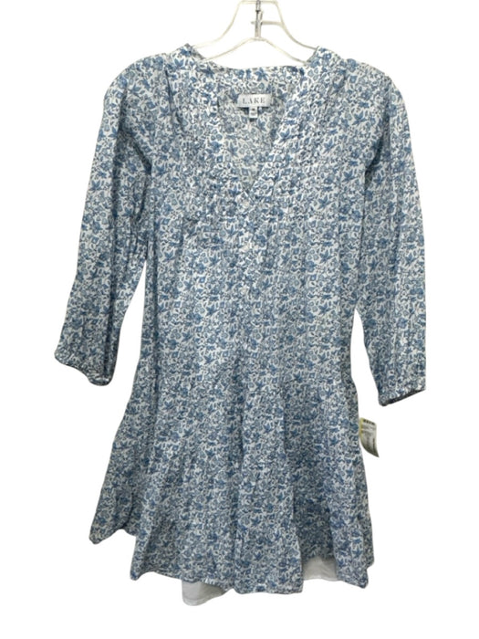 Lake Size XS White & Blue Cotton Floral 3/4 Sleeve Button Front Tiered Dress White & Blue / XS