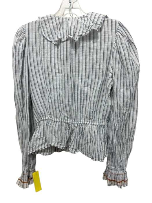 Ulla Johnson Size 0 White & Navy Blue Cotton Striped Long Balloon Sleeve Top White & Navy Blue / 0