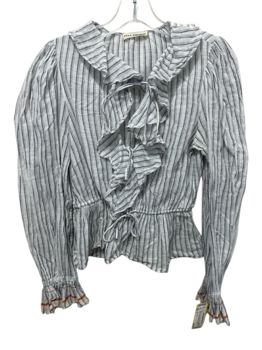 Ulla Johnson Size 0 White & Navy Blue Cotton Striped Long Balloon Sleeve Top White & Navy Blue / 0