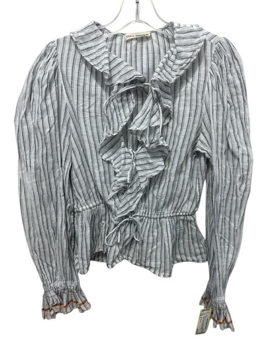 Ulla Johnson Size 0 White & Navy Blue Cotton Striped Long Balloon Sleeve Top White & Navy Blue / 0