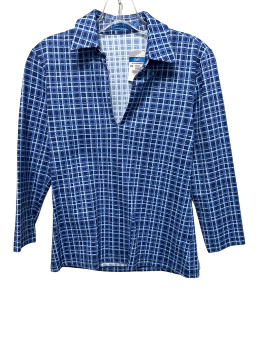 J. McLaughlin Size XS Mixed Blues Nylon Blend Grid Print Collared V Neck Top Mixed Blues / XS