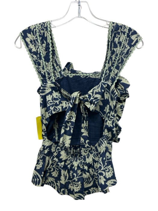 Sea New York Size XS Navy Blue & Light Green Cotton Ruffle Sleeveless Top Navy Blue & Light Green / XS