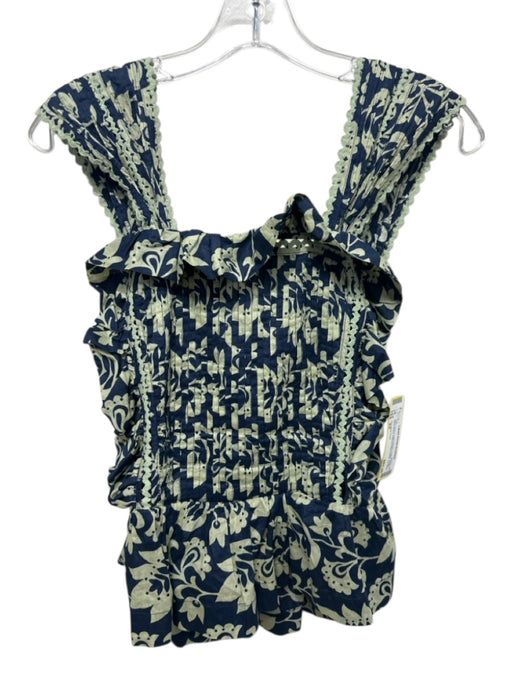 Sea New York Size XS Navy Blue & Light Green Cotton Ruffle Sleeveless Top Navy Blue & Light Green / XS