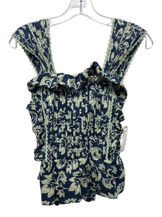 Sea New York Size XS Navy Blue & Light Green Cotton Ruffle Sleeveless Top Navy Blue & Light Green / XS