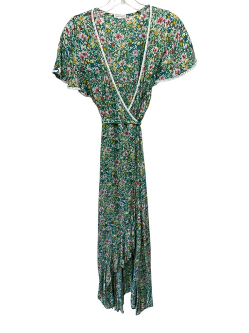 Poupette St. Barth Size S Green & Multi Viscose Floral Cap Sleeve Wrap Dress Green & Multi / S
