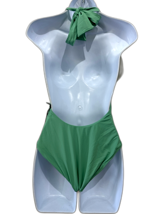 We Wore What Size L Sage green Nylon Halter V Neck Tie Neck One Piece Swimsuit Sage green / L