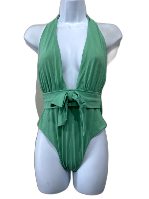 We Wore What Size L Sage green Nylon Halter V Neck Tie Neck One Piece Swimsuit Sage green / L