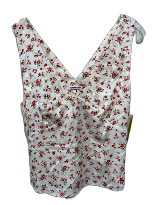 Reformation Size S Cream & Red Tencel Sleeveless V Neck Floral Tie Back Top Cream & Red / S