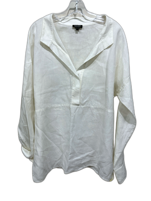 Worth Size L White Linen Long Sleeve 1/2 Button Paneled Oversize Top White / L