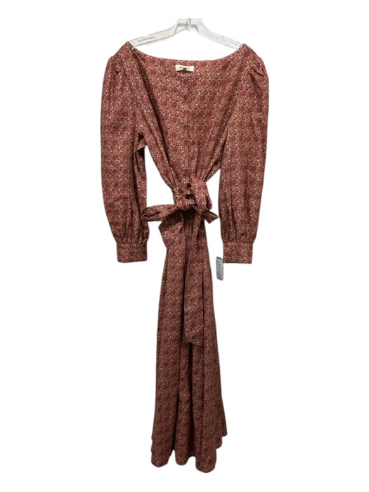 Parterre Size 4 Orange & Brown Linen & Cotton Long Balloon Sleeve Chevron Dress Orange & Brown / 4