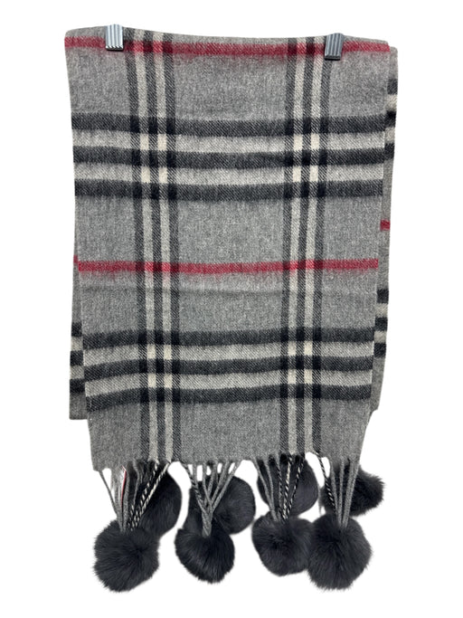 Gray, Red, Black Cashmere pom pom fringe Plaid Fringe Rectangle scarf Gray, Red, Black / One Size