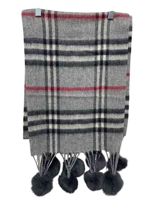 Gray, Red, Black Cashmere pom pom fringe Plaid Fringe Rectangle scarf Gray, Red, Black / One Size