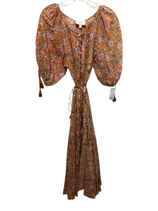 Cleobella Size L Orange, Teal & Multi Cotton 1/2 Balloon Sleeve Floral Dress Orange, Teal & Multi / L
