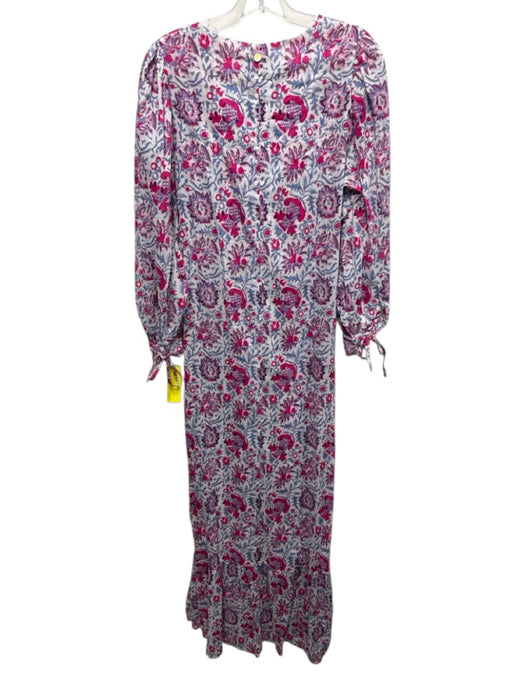 Antik Batik Size S/38 White, Pink & Gray Cotton Long Balloon Sleeve V Neck Dress White, Pink & Gray / S/38