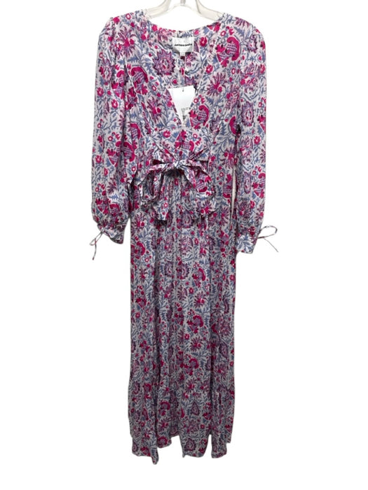 Antik Batik Size S/38 White, Pink & Gray Cotton Long Balloon Sleeve V Neck Dress White, Pink & Gray / S/38